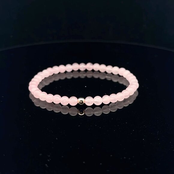 RAFANTHIA Jewelry - Gemstone Rose Quartz Mini 4mm Stretchable Bracelet 14k Yellow Gold Polished Bead